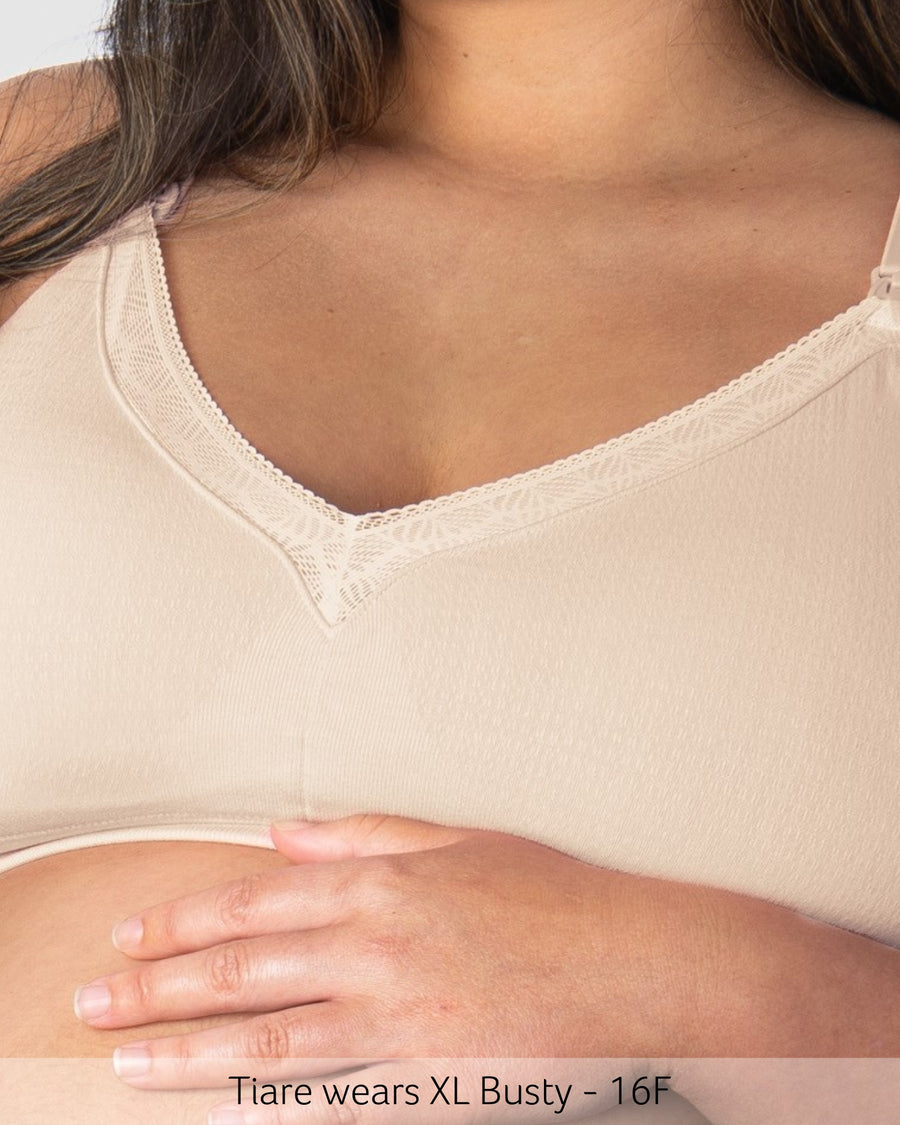 Close up of Caress Bamboo Wirefree Nursing Bra in Oat