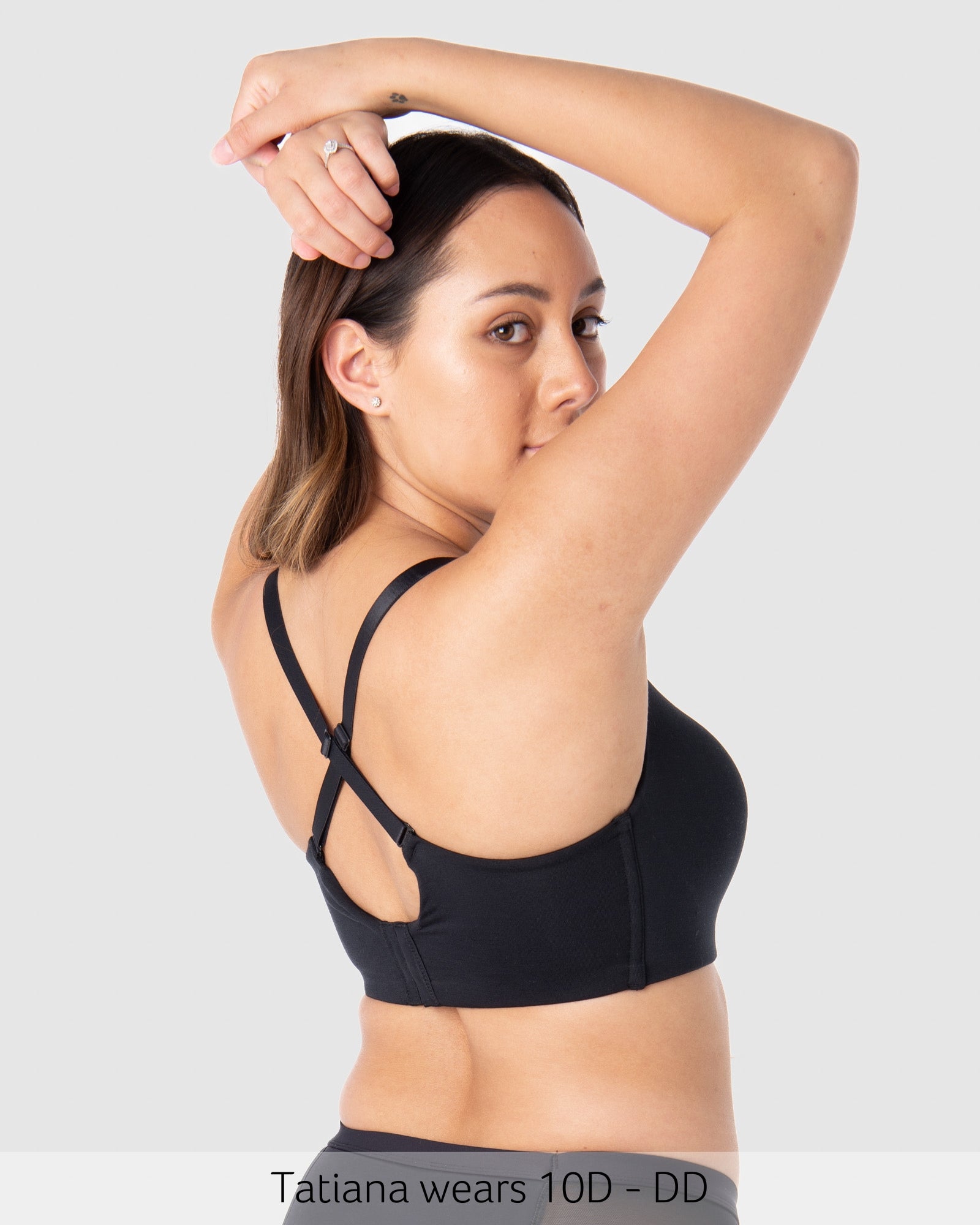 Straps worn racerback on Embrace Leakproof Contour Nursing Bra in Black