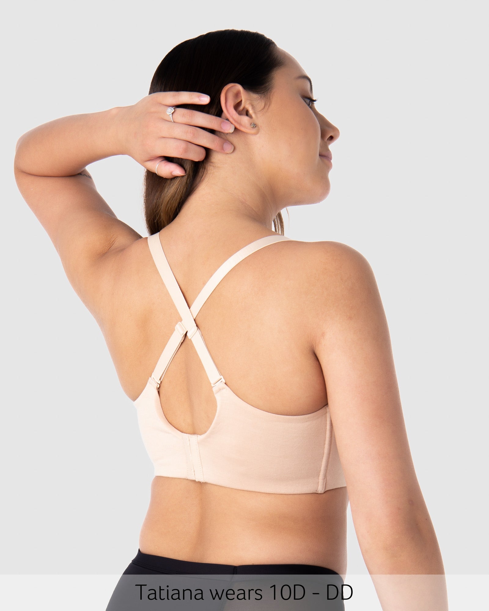 Straps worn racerback on Embrace Leakproof Contour Nursing Bra in Frappe