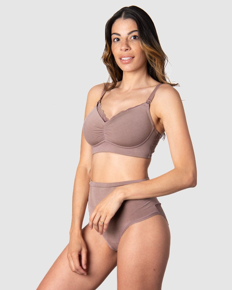 Serenity Bamboo Wirefree Maternity Bra matched with Serenity Hi Brief in Mocha