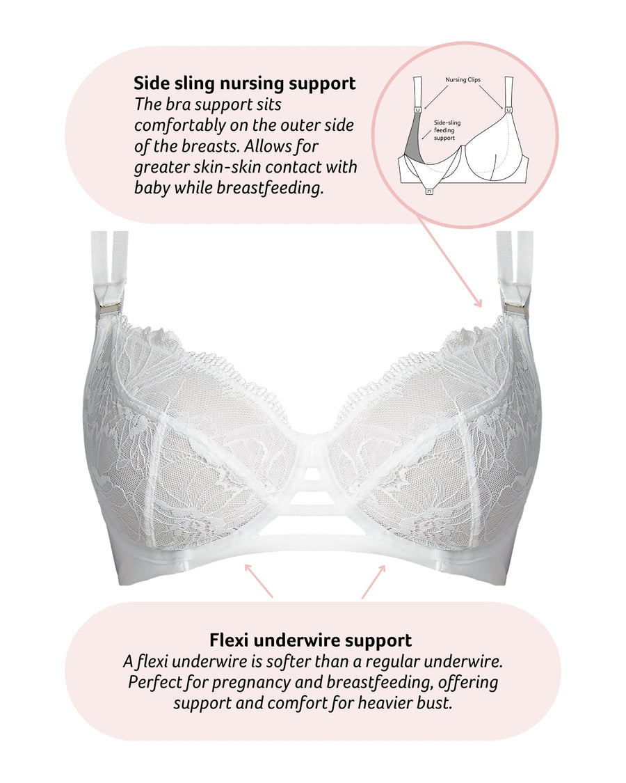 Technical features on True Luxe Flexi Underwire Nursing Bra in White