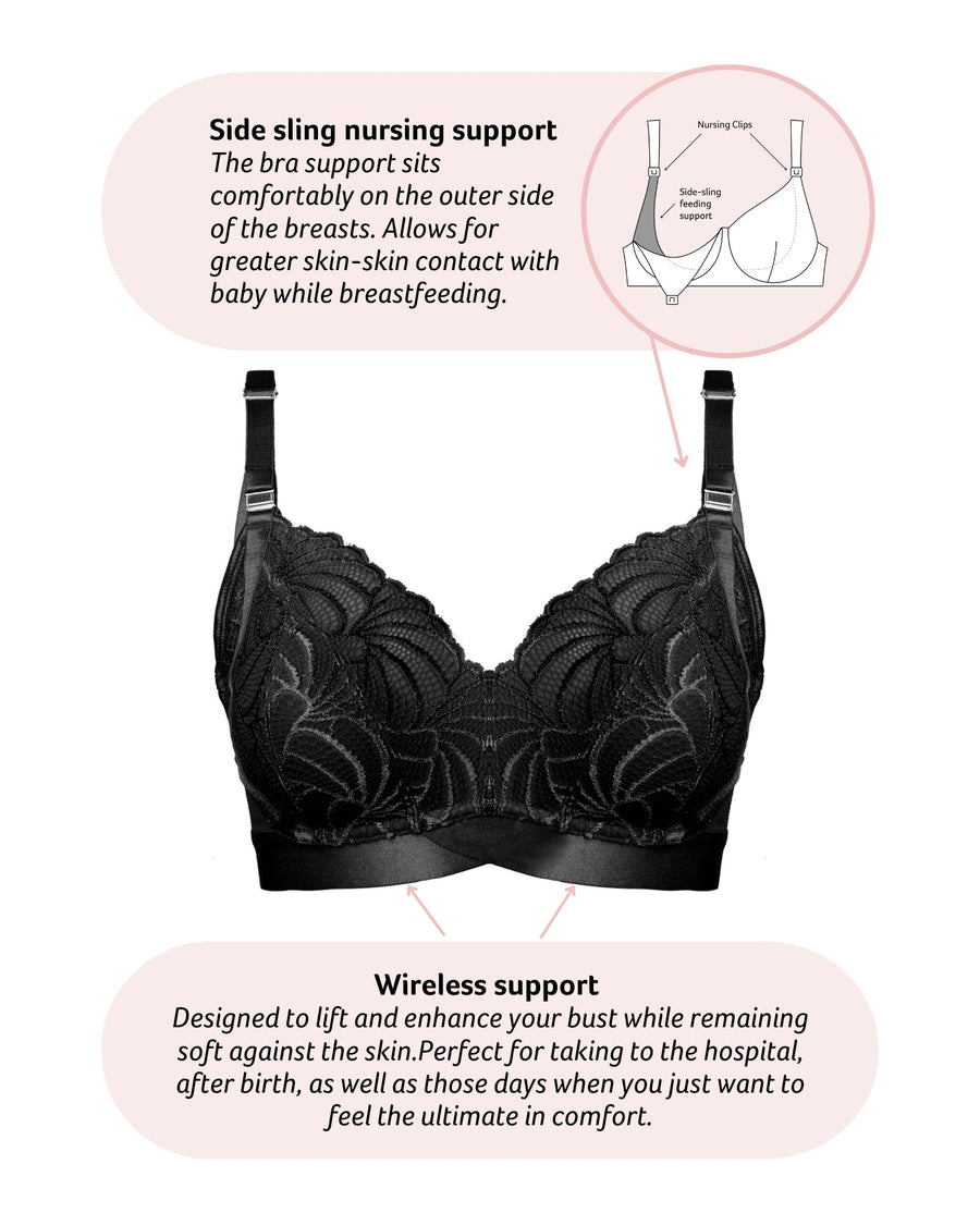 Technical features on Warrior Wirefree Soft Cup Nursing Bra in Black 